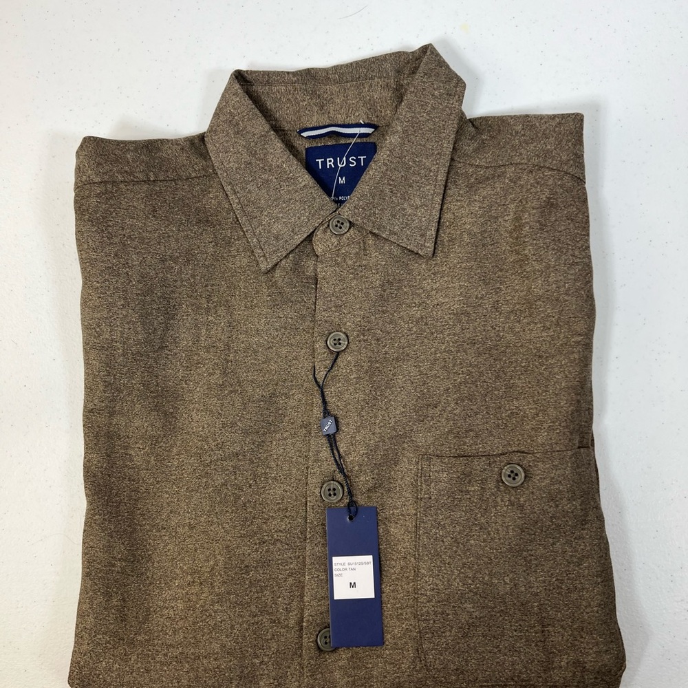 NWT Trust Men's Brown Microfiber Long Sleeve Button Up Shirt Size Medium